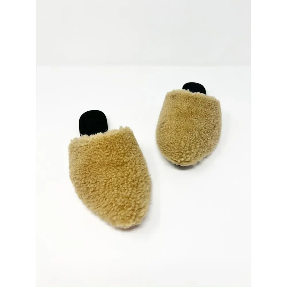 Jenni Kayne Shearling Flat Pointy Toe Mule Slip On Shoe Natural Brown EU 37